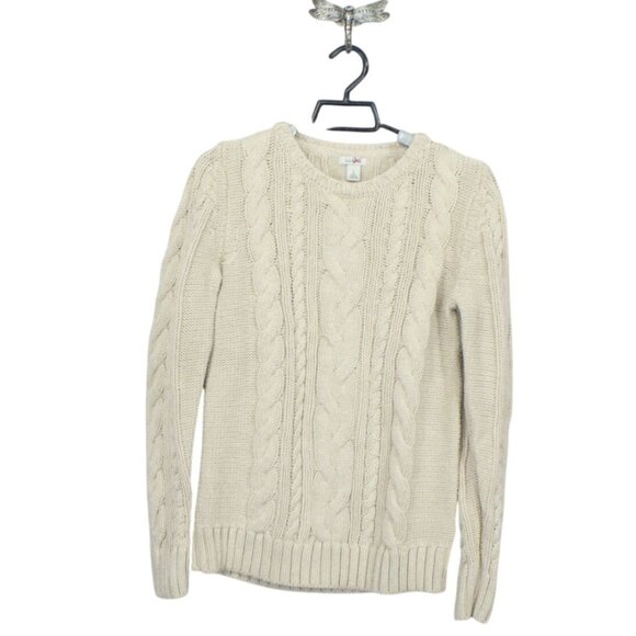LL Bean Double L Cable Sweater Crewneck Cream Size Small - Picture 1 of 11